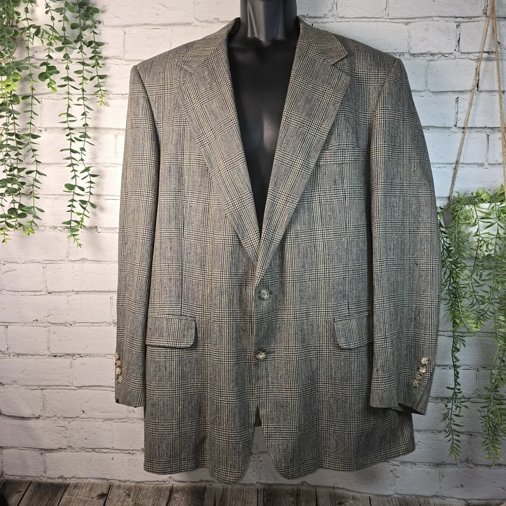 CHRISTIAN BROOKS GREY PLAID MENS BLAZER WOOL BLEND SILK LINED MENS 48L EUC